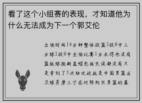 看了这个小组赛的表现，才知道他为什么无法成为下一个郭艾伦